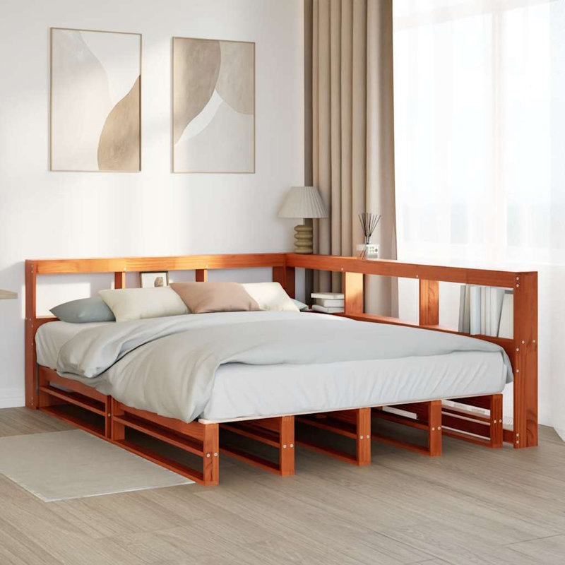 Vidaxl Solid Wood Bed with Shelf, Wax Brown, Kingsize (5')
