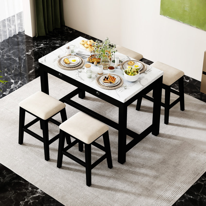 TREXM 5-Piece Modern Faux Marble Versatile Bar Table Set With Storage Drawers And Padded Stools, White, White, Black