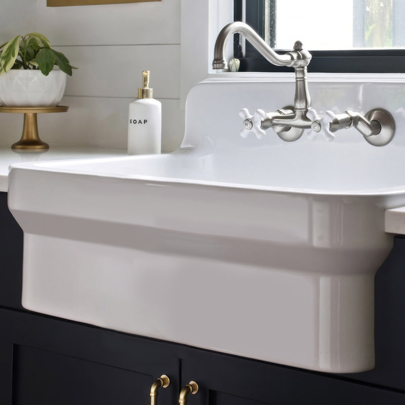 Whitehaus 30" Single Bowl Fireclay Kitchen or Utility Front Apron Sink with High Back Splash & Faucet Drilling, White
