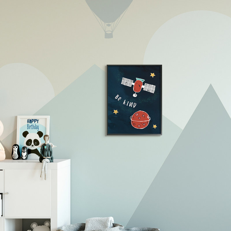 Be Be, phrase, planète rouge, satellite et étoiles, H 20 po x l 16 po x P 1,5 po, Giclée encadrée noir minuit