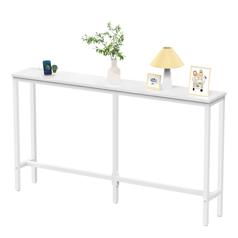 Console Table with Outlet, 63 Inch Sofa Table with Charging Station, 31.5" H x 63" W x 8" D, White