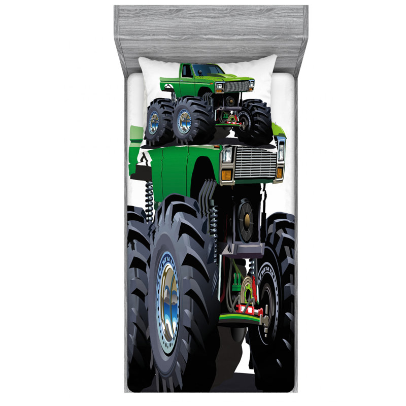 Green Monster Truck Print Microfiber Twin XL Sheet Set