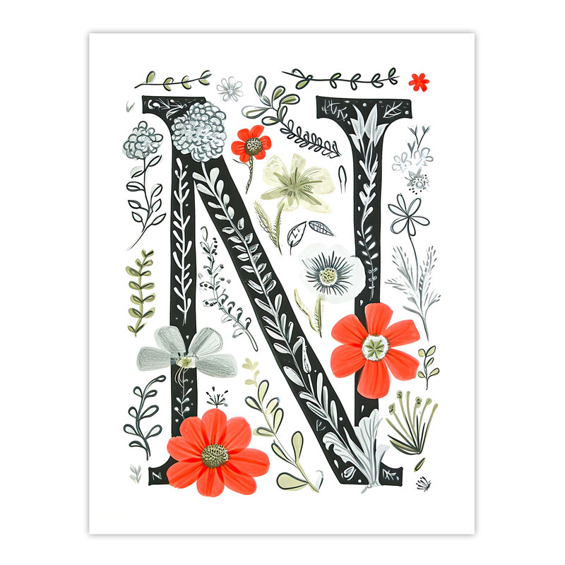 Wall Art Print Letter N in Poppies Wildflowers Pen Drawing Floral Word Art Poster