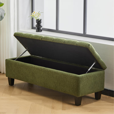 Banc avec rangement, surface bouclée, pieds en bois d'hévéa, capacité de 300 lb - rangement généreux pour les oreillers et les couvertures, charnières douces, capitonnage à boutons, couture idéale pour le salon, le vestibule ou la chambre à coucher