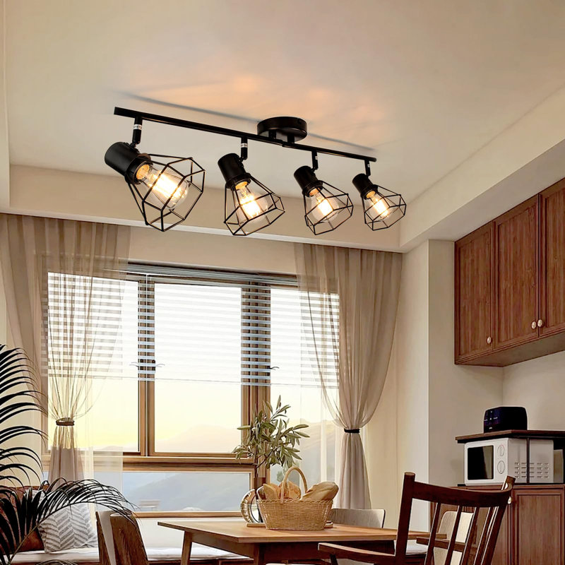 Éclairage sur rail 4 lumières campagnard, luminaires sur rail directionnels noirs, projecteur encastré industriel pour cuisine, salle à manger, chambre à coucher, base E26 (ampoules non incluses)