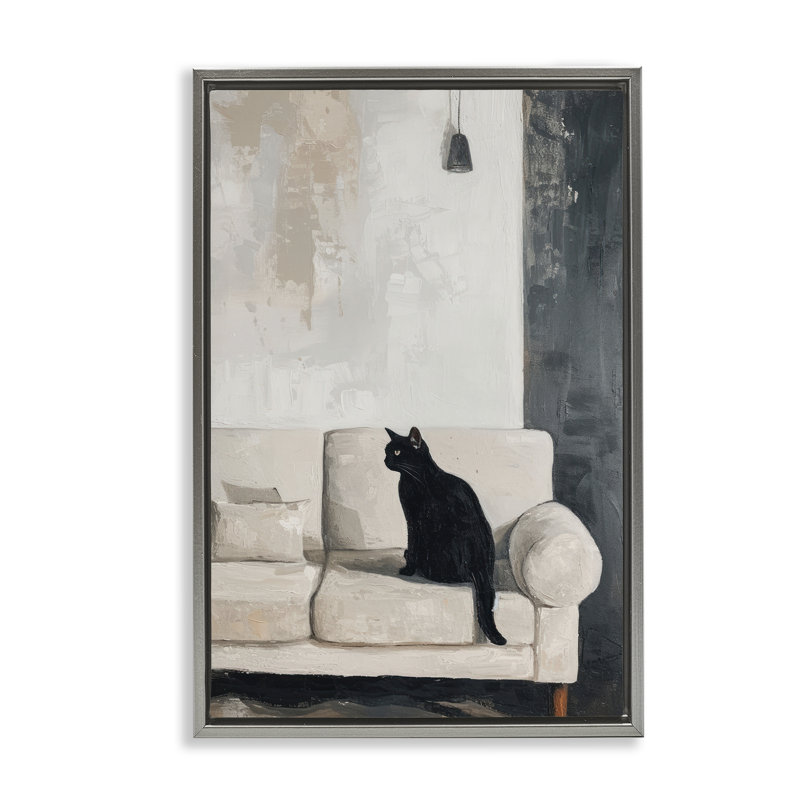 Chat noir sur canapé, art mural sur toile flottante, design par LSR Creative Studio, H 31 po x l 21 po