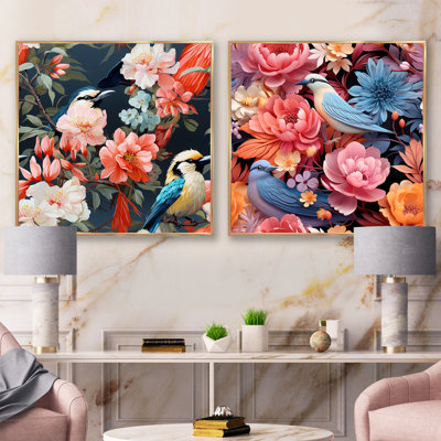 Harmonous, oiseaux tropicaux vifs et floraux - ensemble de 2 collages floraux carrés