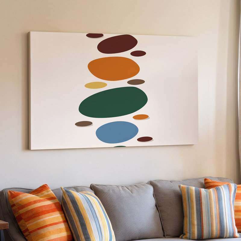 Toile, création d'une œuvre minimaliste mettant en vedette une pile verticale de formes abstraites murales organiques dans une palette de couleurs harmonieuses