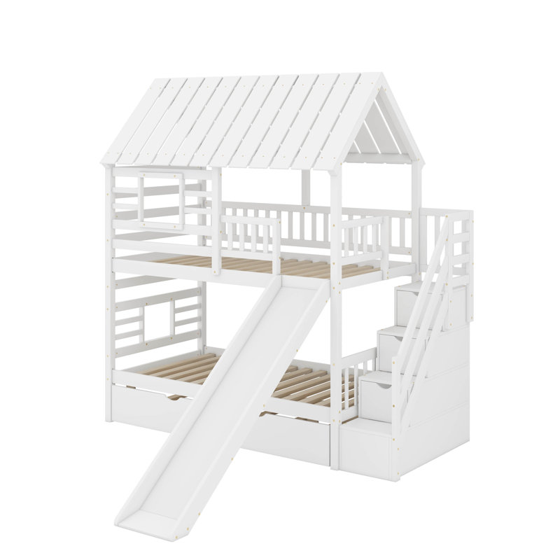 Twin Over Twin Bunk Bed With Trundle, White