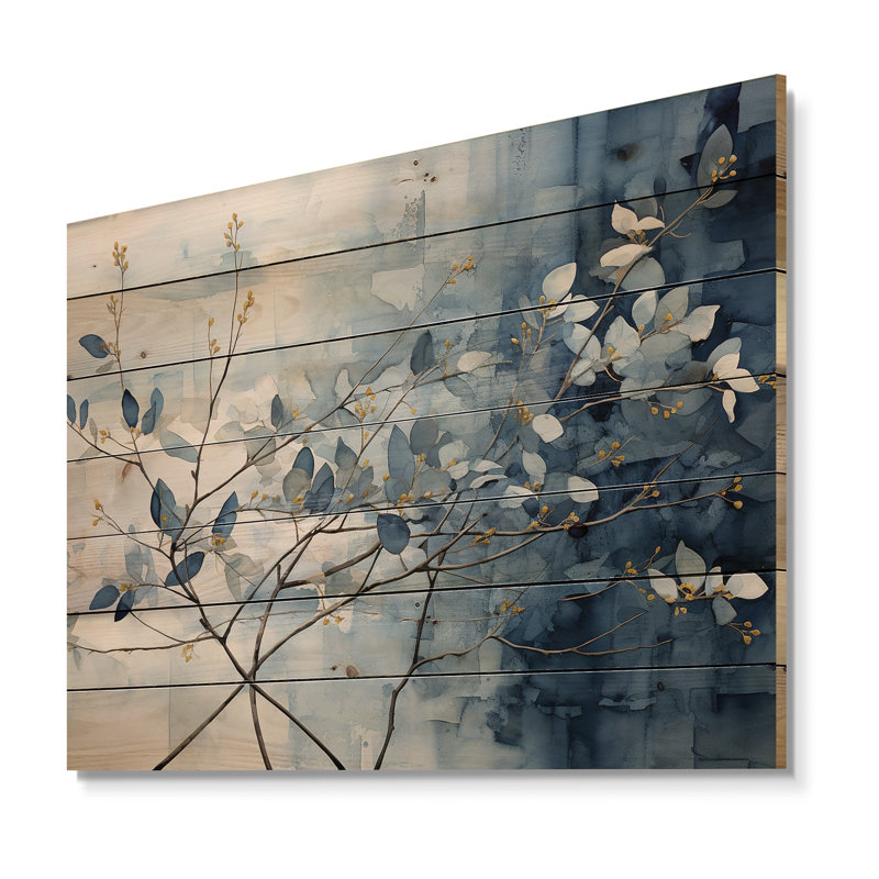 Bleu et gris, laissez sur branche I - feuilles, art mural sur bois de pin naturel, H 30 po x l 40 po