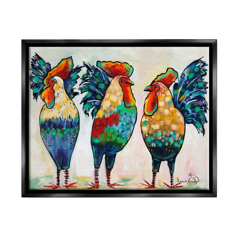 «Bold Patterned Chickens Hens Vivid Feathers debout» par Karrie Evenson - peinture sur toile à cadre flottant