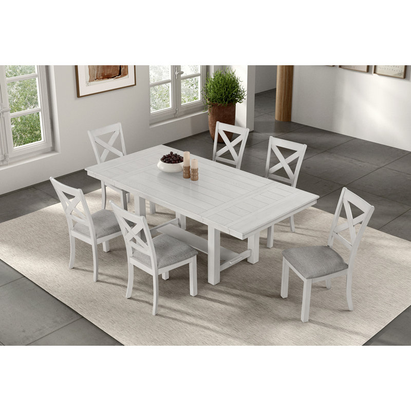 Contemporary 7pc Dining Set White Oak Table w Leaf 6x Side Chairs Cross Back Cushion Seat Chair