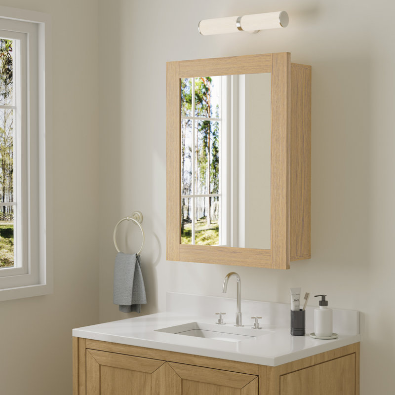 16" W X 24" H Wide Frame Oak Wood Medicine Cabinet with Mirror, Adjustable Shelves, Soft-Close Hinges and Reversible Door, Wall-Mount or Recessed for Makeup, Shaving or Bathroom Vanity Storage