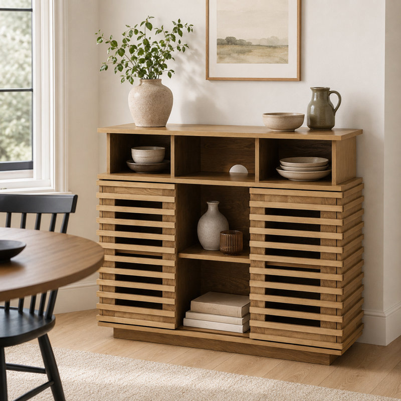 Buffet vintage avec portes coulissantes et tablettes ouvertes