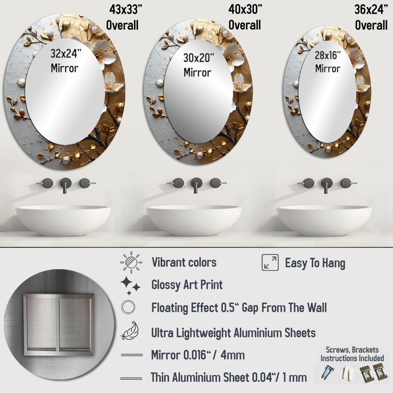 Branche de cerisier en fleurs blanc doré - Miroir décoratif floral ovale sur métal, 40 po x 30 po
