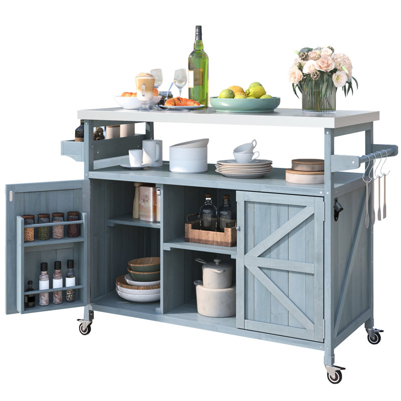 Luxury Outdoor Grill Table With Removable Handles & Internal Storage Classic Kitchen Cart: Stainless Steel Wood. Modular Design. 4 Lockable . Grey Blue. Towel Bottle Opener