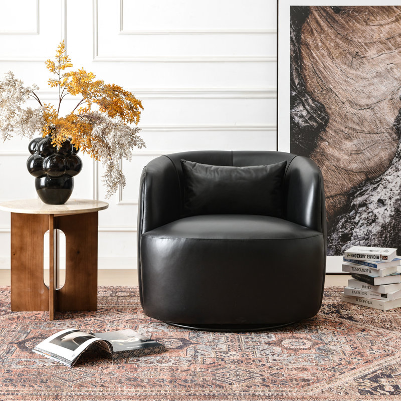 Sydney 100% Genuine Leather Swivel Barrel Armchair, Black