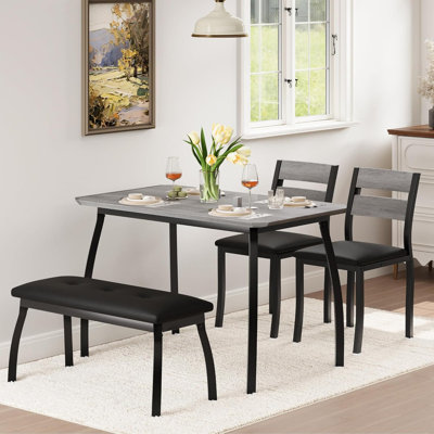 Dining Table Set for 4, Sturdy Wooden Kitchen Table with Chamfer Design and Metal legs, Upholstered Bench by Ebern Designs