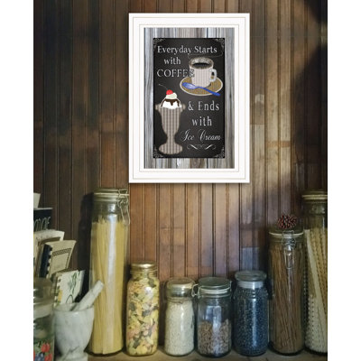«Everyday Starts with Coffee», tableau noir encadré, prêt à accrocher, reproduction encadrée