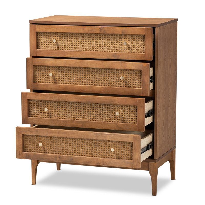 Walnut and Rattan Mid-Century 4-Drawer Chest