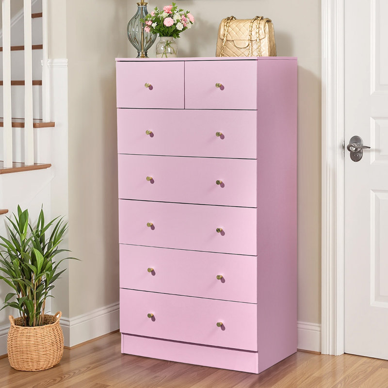  Large 7-Drawer Dresser For Bedroom And Chest Of Drawers With Sturdy Construction Wood Storage Organizer For Closet In Pink