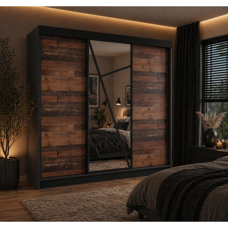 Annelijn 3 Door Wardrobe, 205cm H x 200cm W x 60cm D, Dark Brown/Gray