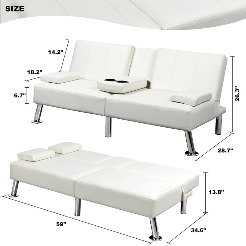 Futon convertible moderne, canapé-lit pliant réglable, White Leather