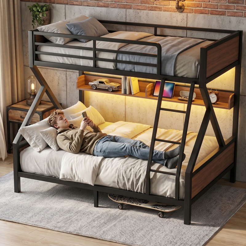 Twin Over Full Metal Bunk Bed with Storage Shelf, Space-Saving Design