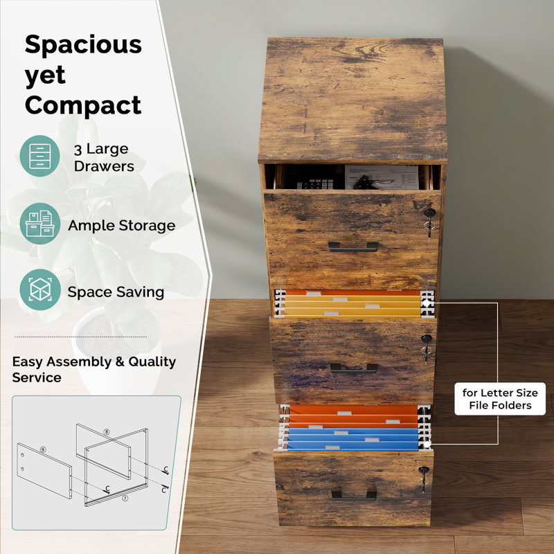 Classeur en bois 3 tiroirs avec serrure 38,58 "H, Brun