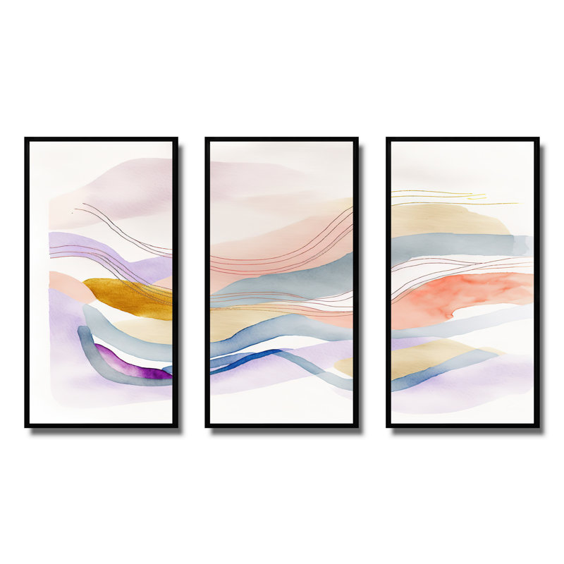 «Vibrant Pastel Abstract Waves», ensemble d'art mural moderne sur toile, Cadre noir, 28" H x 36" W x 1" D