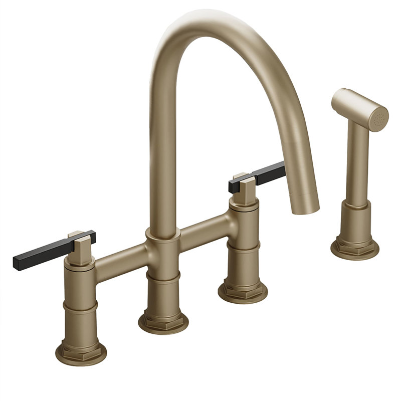 4 Hole Bridge Kitchen Faucet With Side Sprayer Double Handle Kitchen Sink Faucets Brass High Arc Kitchen Basin Taps With Swivel Spout