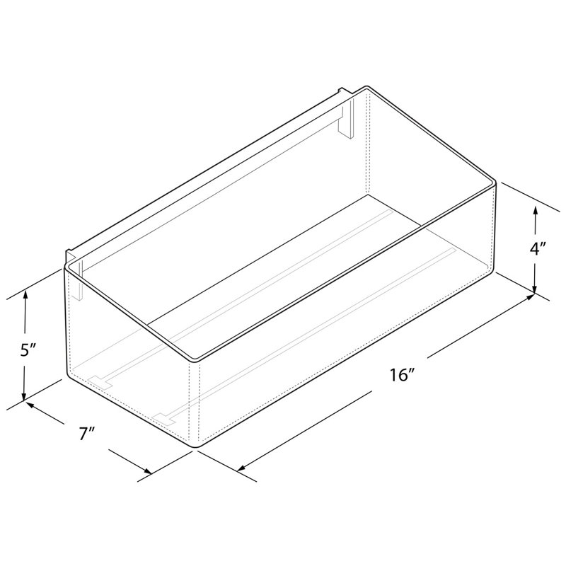 Clear 16” wide Open Bin Tray for Pegboard or Slatwall. Storage Container includes 2 Metal U-Hooks for hanging. Adjustable Slide In Dividers Sold Separately