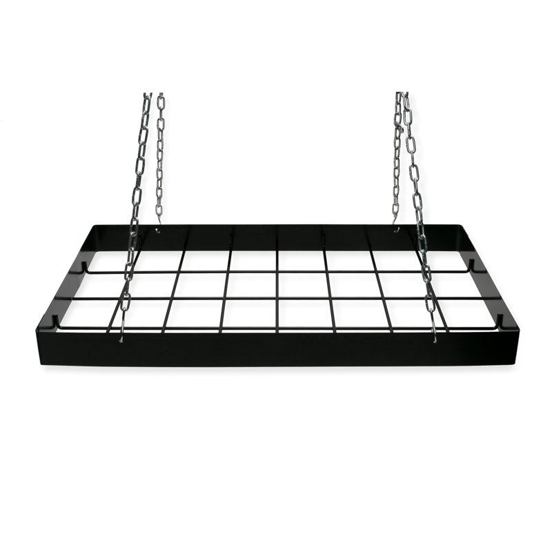 Black Iron Rectangular Hanging Pot Rack with Chains and Hooks