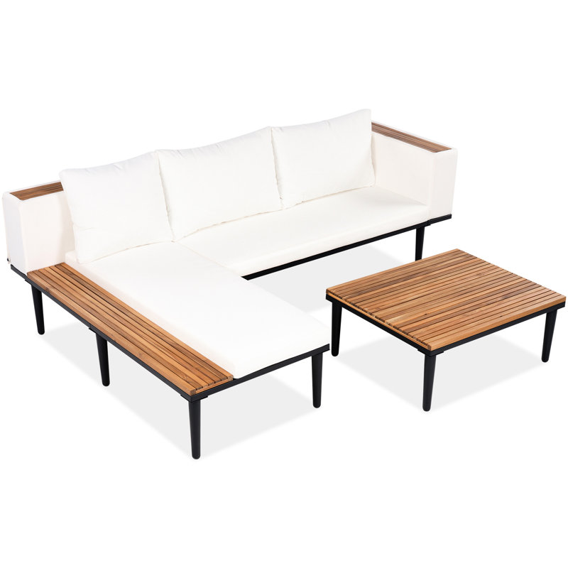 Beige, extérieur en forme de L, coussins amovibles, table basse, meubles de patio, bois, fer, confortable pour 6 sièges d'appoint élégants en forme de L,