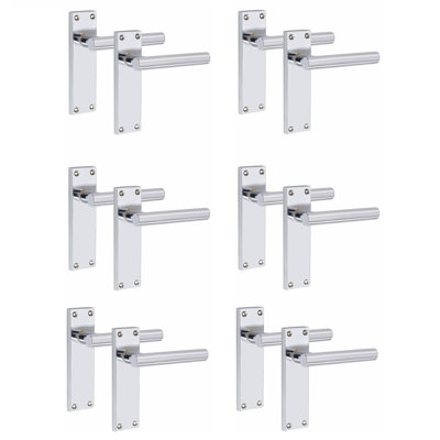 6 Pairs Victorian Straight T-Bar Door Handles Latch in Silver Polished Chrome Finish - 150mm x 40mm Backplate