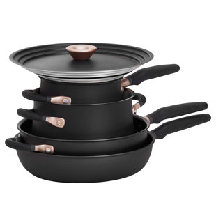 Meyer Accent induction Hob Pan Set Non Stick - 5 Piece Stackable Pots and Pans Set with Universal Lids & Anti Spill Shape, Black, Stainless Steel & Non Stick