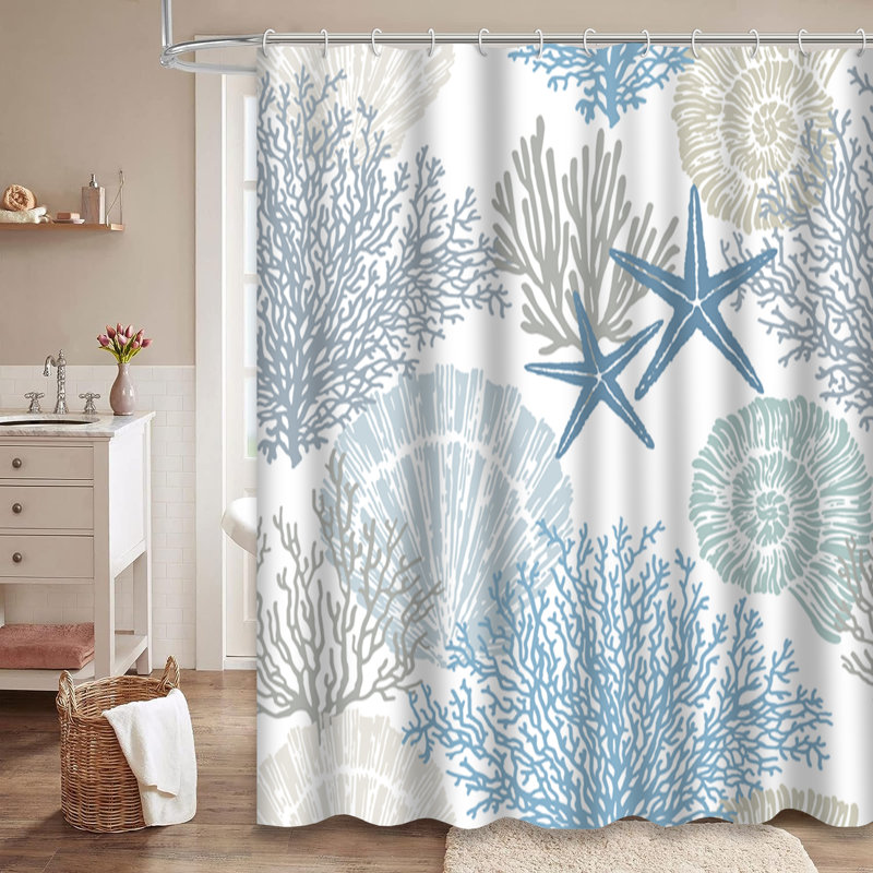Rideau de douche à motif de corail avec 12 crochets Marine Shells, L 72 po x l 78 po