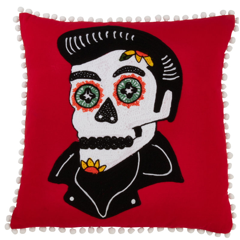 18 in. Red Sugar Skull Cotton Pillow with Tassels