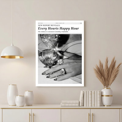 Every Hour Is Happy Hour Canvas Wrapped Wall Art Black And White Glamour Print With Sparkling Glasses And Elegant Hand Featuring Diamond Rings Modern Chic Decor For Living Room Or Bar Area