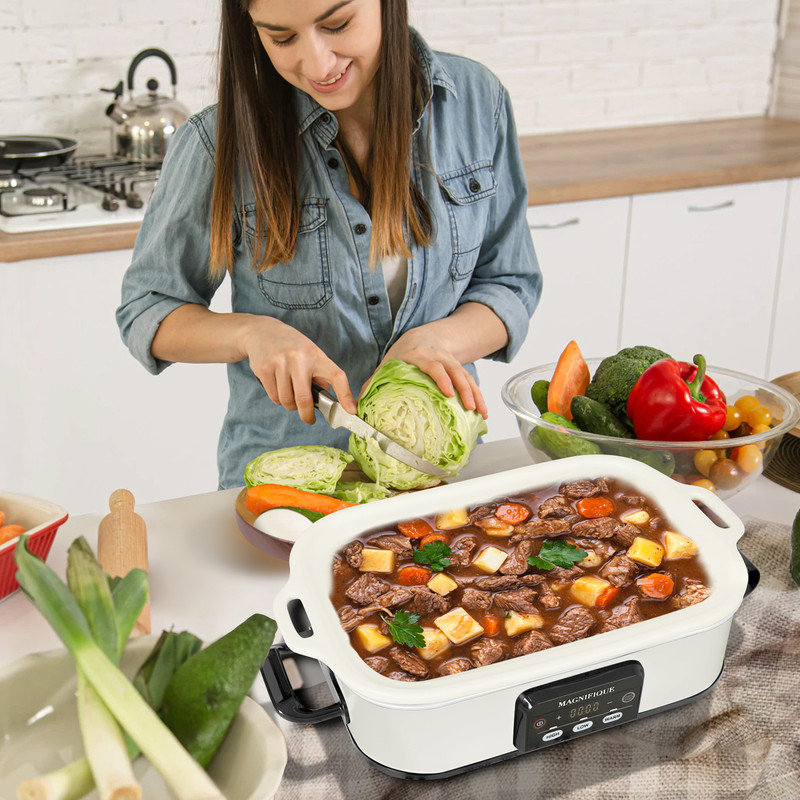 HOMECOOKIN 4 Quart Casserole Programmable Slow Cooker with Oven Safe Ceramic Baking Dish, White