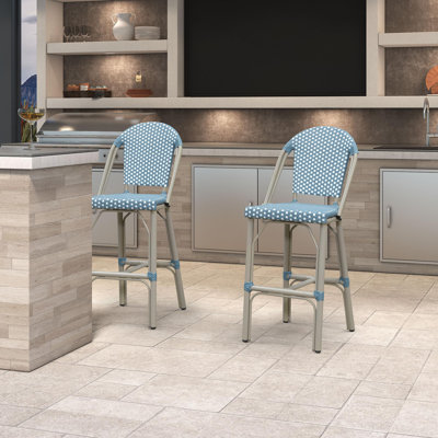 Set Of 2 French Country Bar Stools With Rattan Back, Champagne/bamboo Print Height Stools