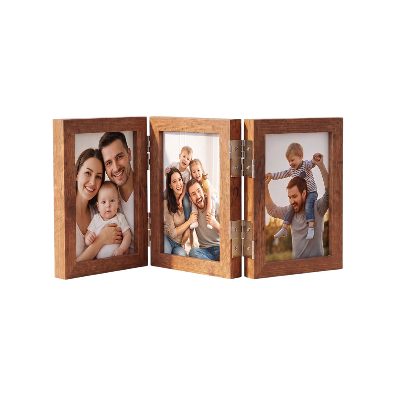 Cadre photo en bois à trois volets articulés, cadre photo pliable style livre, présentoir de table, 6.9" x 0.7" x 8.4"(W×D×H)