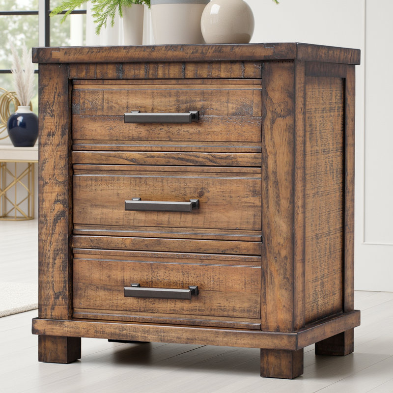 Table de chevet 24 po en bois récupéré - table de bout rustique à 3 tiroirs avec poignées en zinc antique, pin massif, capacité de 250 lb