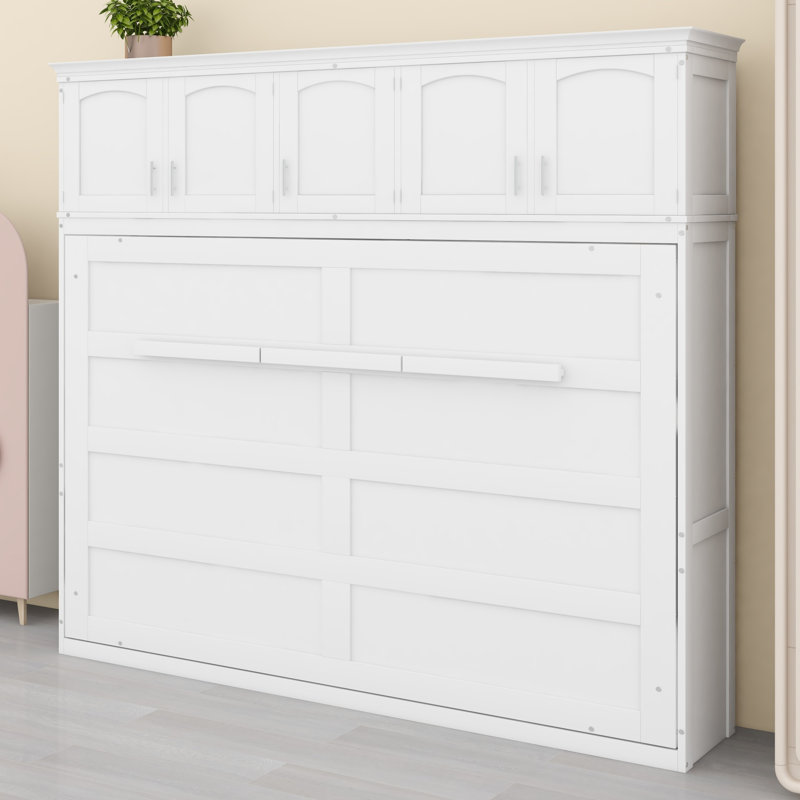 Lit escamotable avec armoires supérieures intégrées, parfait pour les petites chambres, Blanc