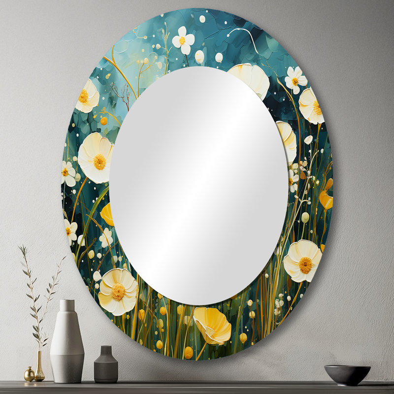 Teal blanc Buttercups Buttercup Meadow - miroir décoratif décoratif Buttercups, miroir bleu sarcelle, impression sur métal