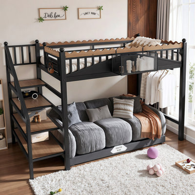 Lit mezzanine en métal avec tablettes de rangement intégrées Adventure-Ready | Solution grand format peu encombrante pour les chambres de jeunes