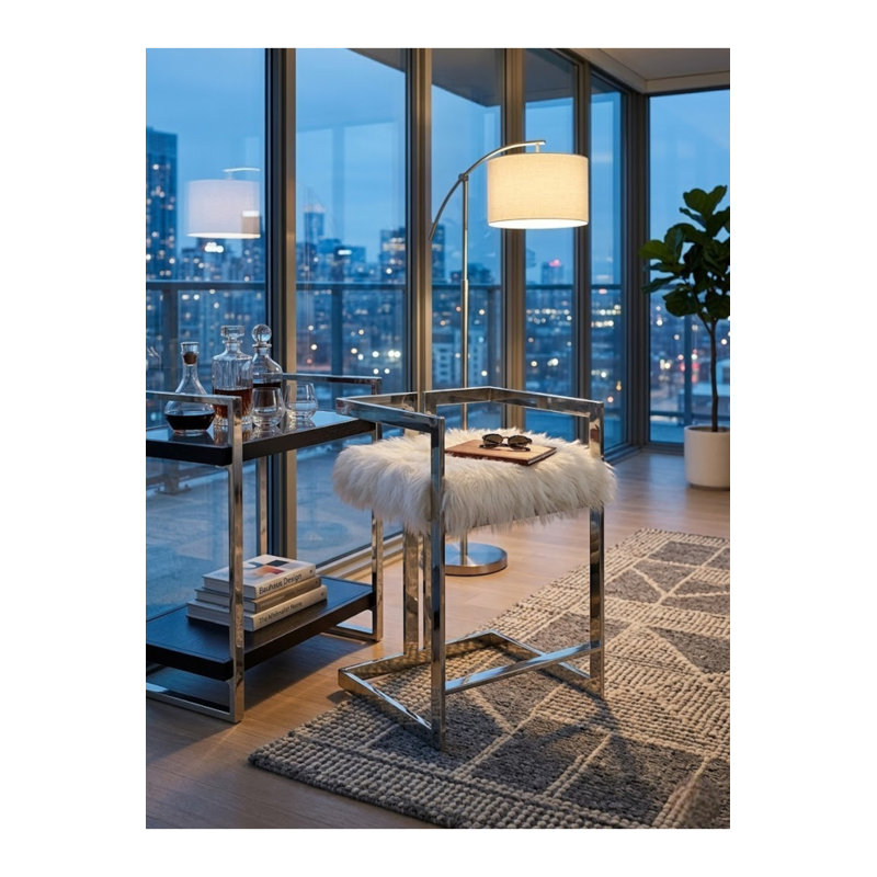 Pangea Home Kenzie Counter Stool Faux Fur – Modern Upholstered Counter-Height Seating with Steel Metal Legs - Faux Fur Counter Stool- Kitchen, Dining, Bar, and Events- White and Silver Counter Stool