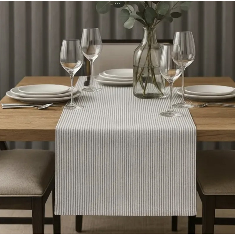 Grey Ticking Stripes Reversible Pure Cotton Table Runner, 90" x 16"
