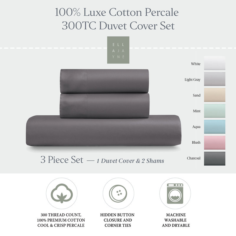 Ensemble de housse de couette 100% coton EJ Classic Premium, respirant, frais et frais, Gris anthracite