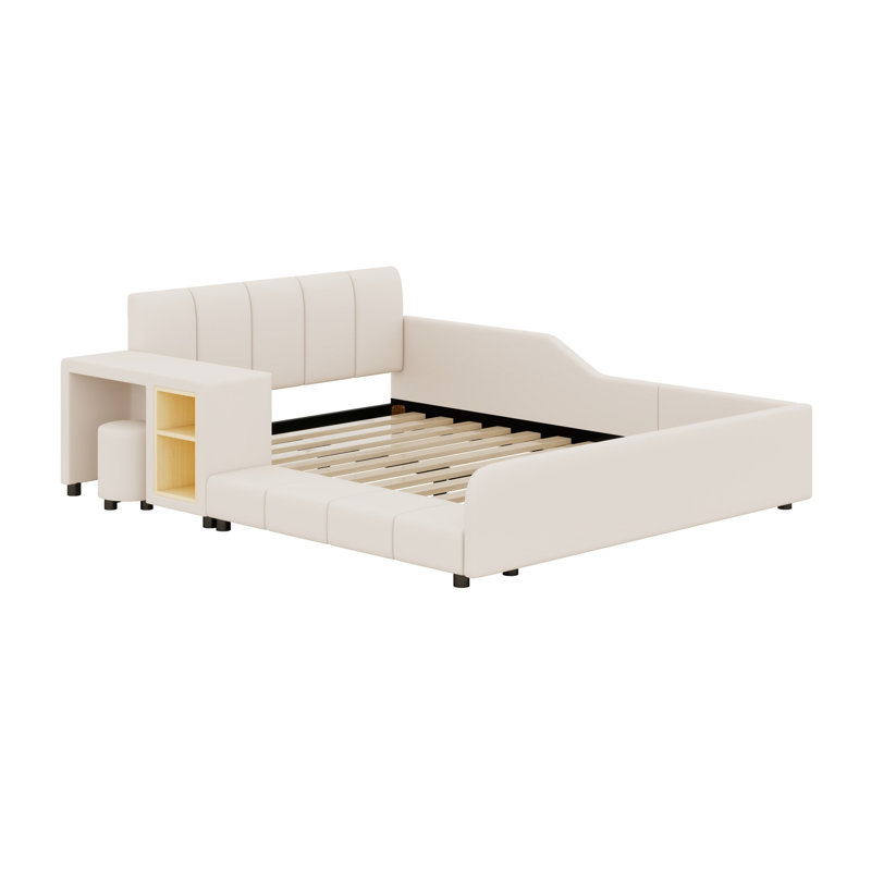 Lit tapissier à la terre, lit mère et enfant avec bureau de chevet et petit tabouret rond, Beige